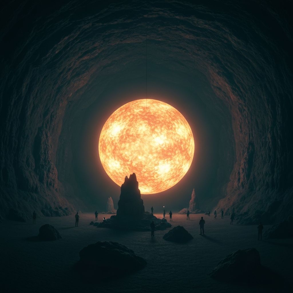 Orange glowing art installation in a grand hall